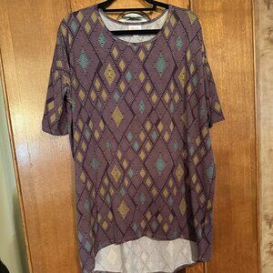 LuLaRoe Irma, size Large, Diamond design with Purple, blue and yellow/tan design